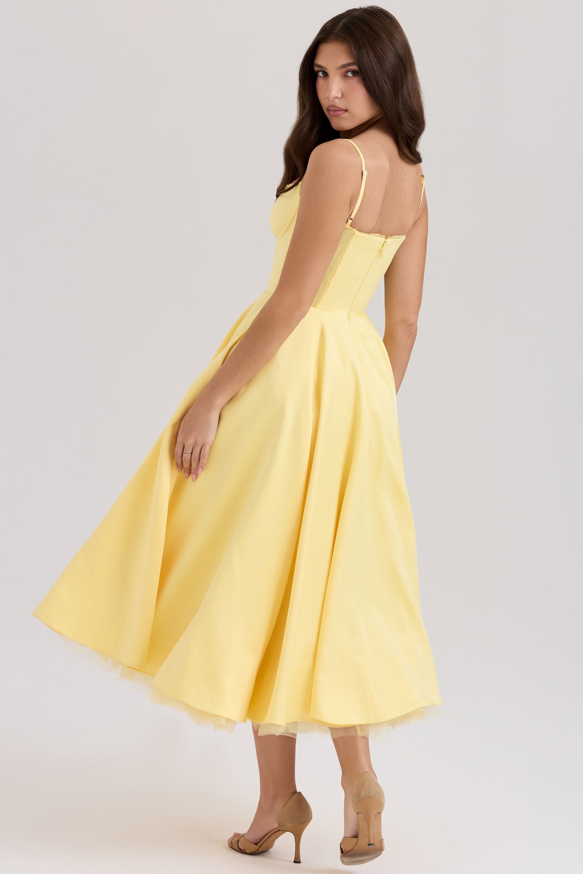 V-Neck Midi Dress with Sculpted Bodice Women UK – Wedding Guest Garden Party Evening Gown, Cocktail Attire