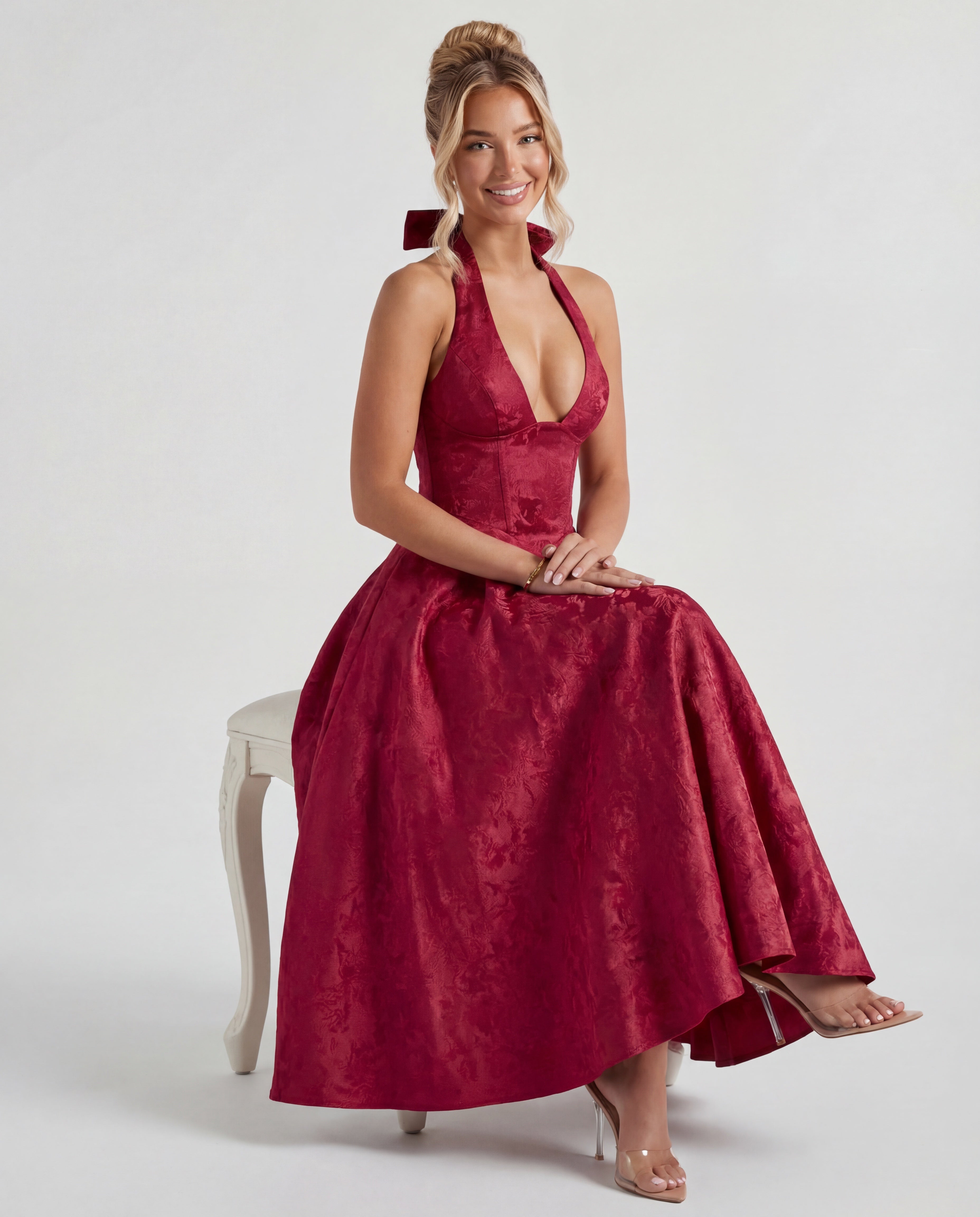 Textured Jacquard Halterneck Midi Dress Women UK – Evening Gown Cocktail Attire, Wedding Guest