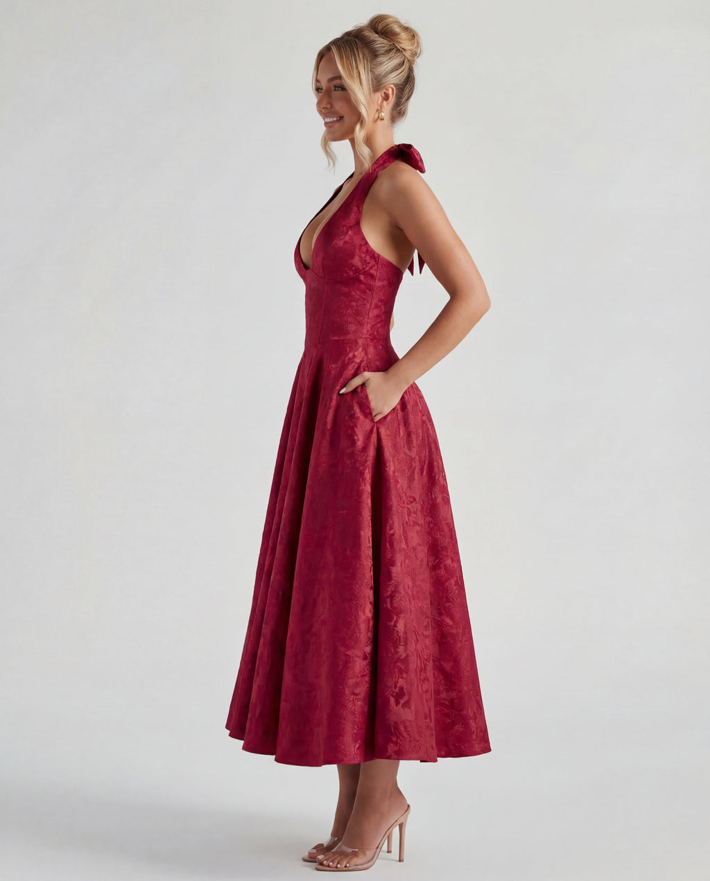 Textured Jacquard Halterneck Midi Dress Women UK – Evening Gown Cocktail Attire, Wedding Guest