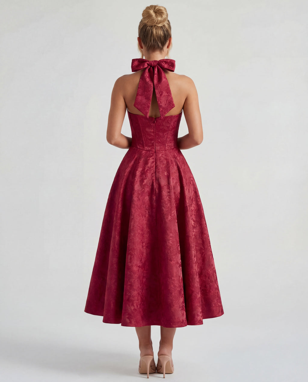 Textured Jacquard Halterneck Midi Dress Women UK – Evening Gown Cocktail Attire, Wedding Guest