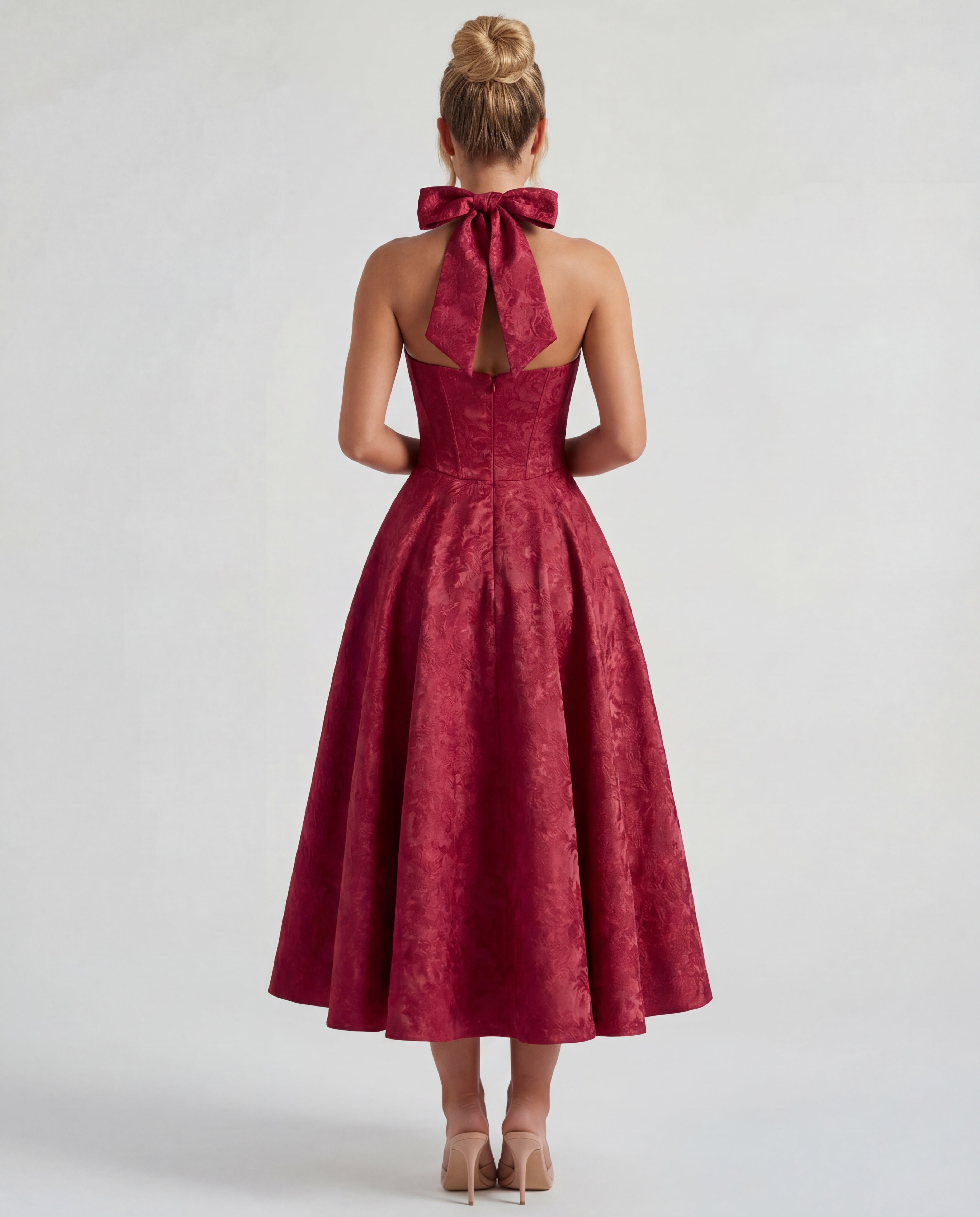 Textured Jacquard Halterneck Midi Dress Women UK – Evening Gown Cocktail Attire, Wedding Guest