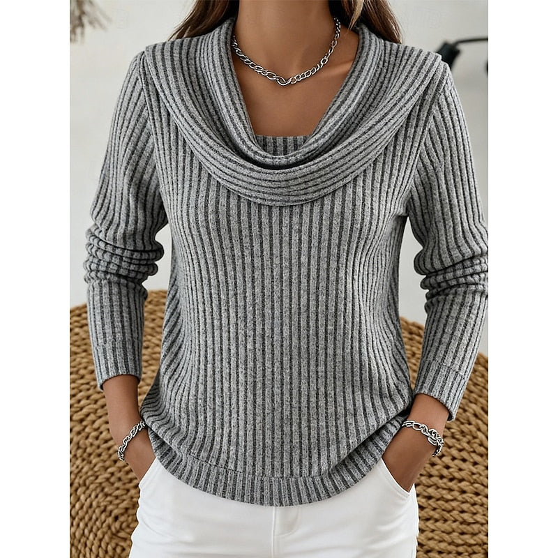 Cowl-Neck Ribbed Knit Top for Women - Casual Wear Sweater