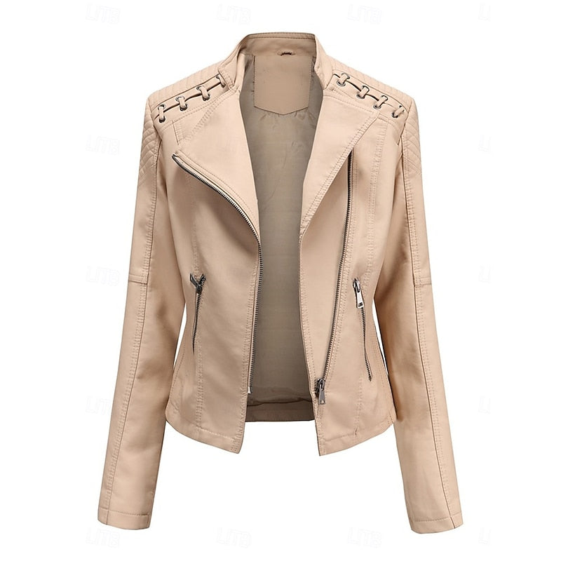 Sleek Faux Leather Biker Jacket for Women - Stylish Casual Outerwear