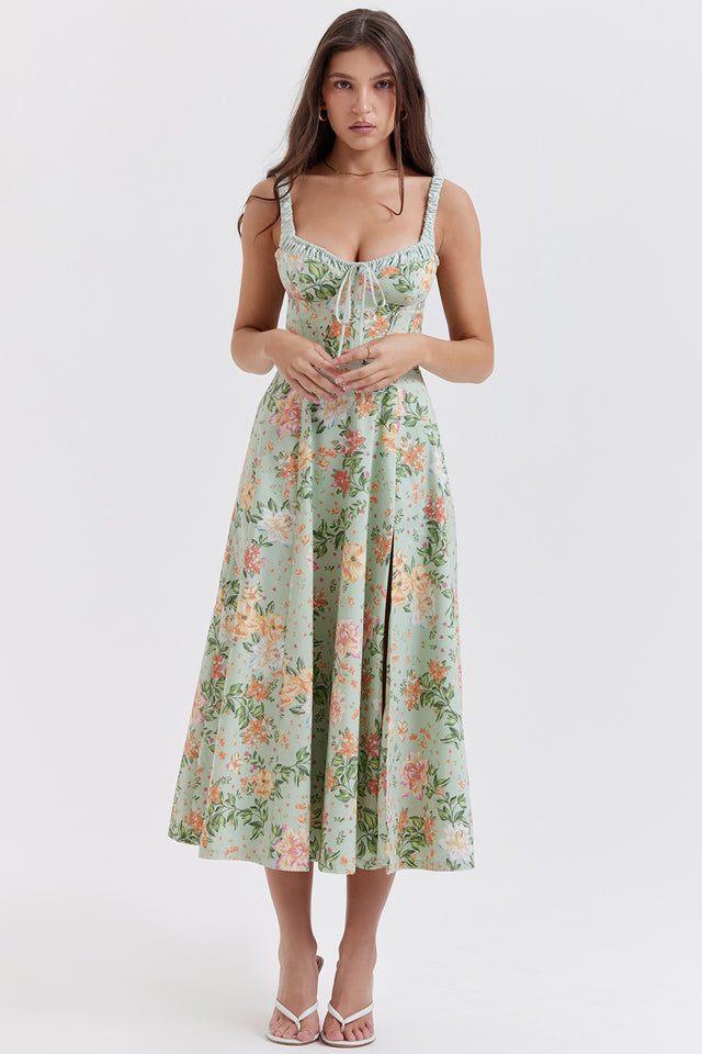 Floral Stretch Midi Dress Women UK – Romantic Spring Sundress, Garden Party & Wedding Guest