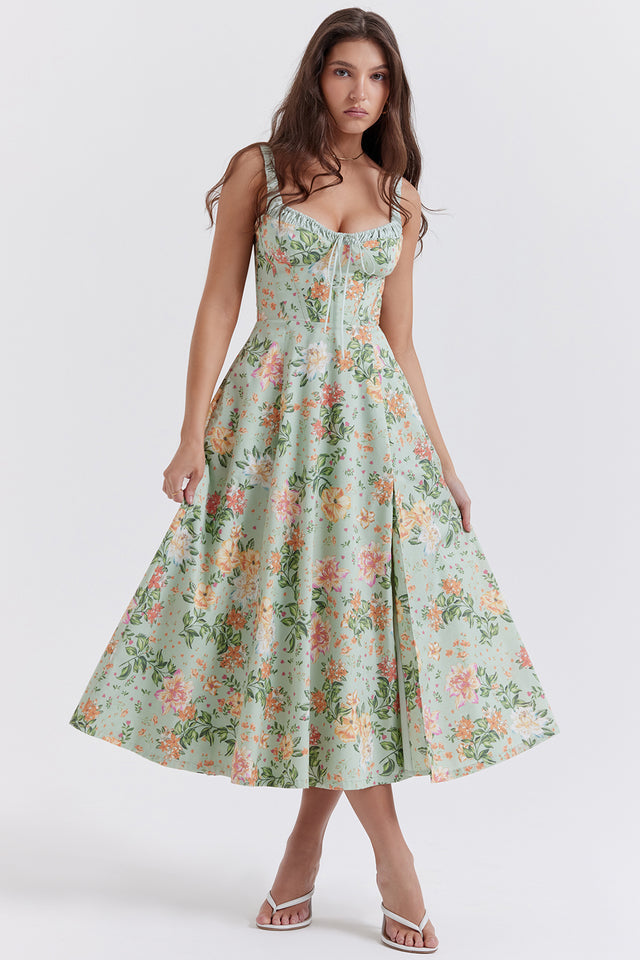 Floral Stretch Midi Dress Women UK – Romantic Spring Sundress, Garden Party & Wedding Guest