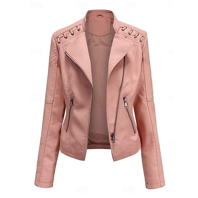 Sleek Faux Leather Biker Jacket for Women - Stylish Casual Outerwear