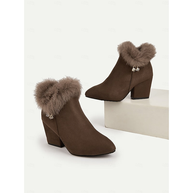Fur-Trimmed Block Heel Ankle Boots for Women - Stylish Winter Footwear