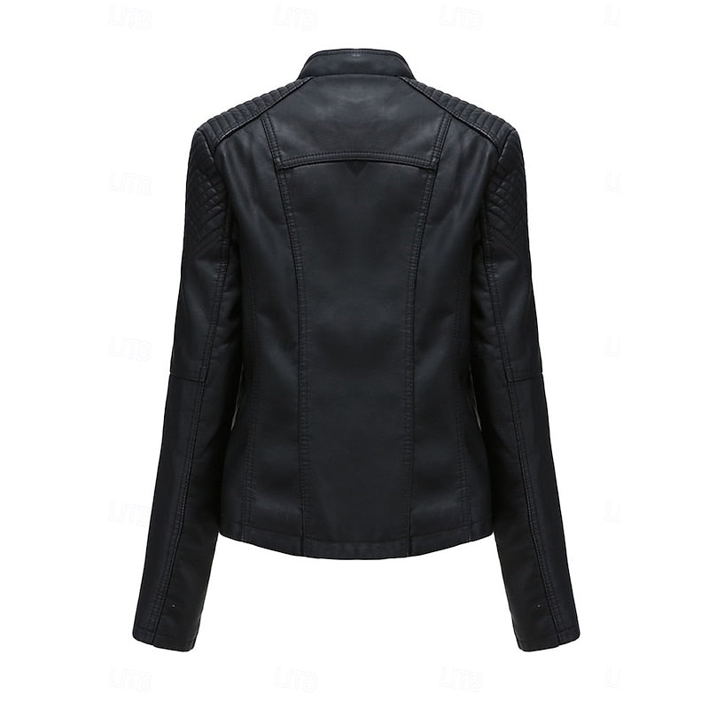 Sleek Faux Leather Biker Jacket for Women - Stylish Casual Outerwear