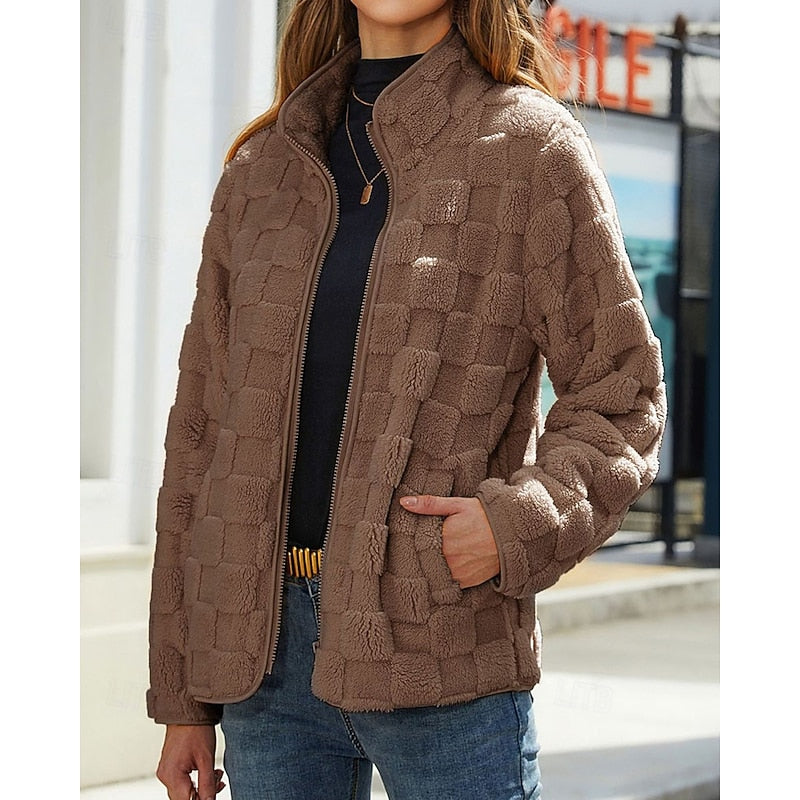 Textured Stand-Collar Zip Coat for Women - Stylish Outerwear for Casual Wear