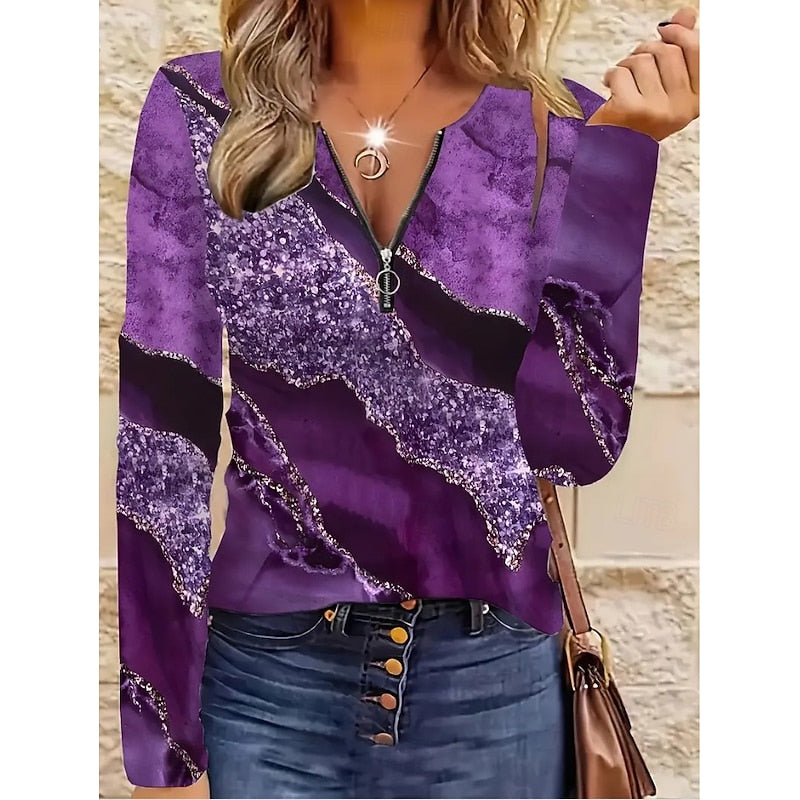 Floral Quarter-Zip Long Sleeve Top - Women's Casual Wear