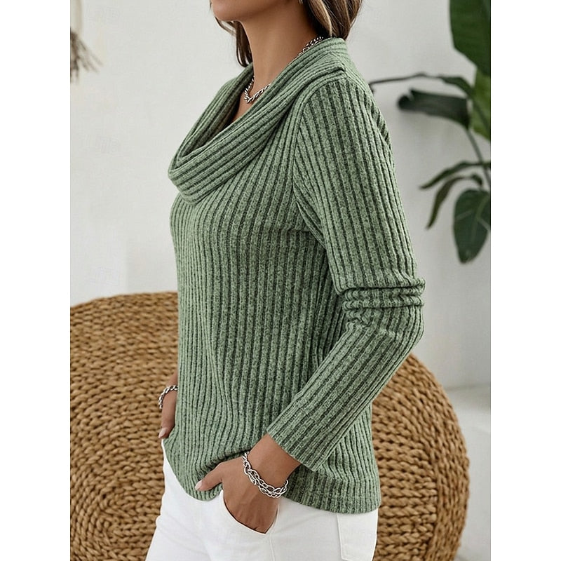 Cowl-Neck Ribbed Knit Top for Women - Casual Wear Sweater