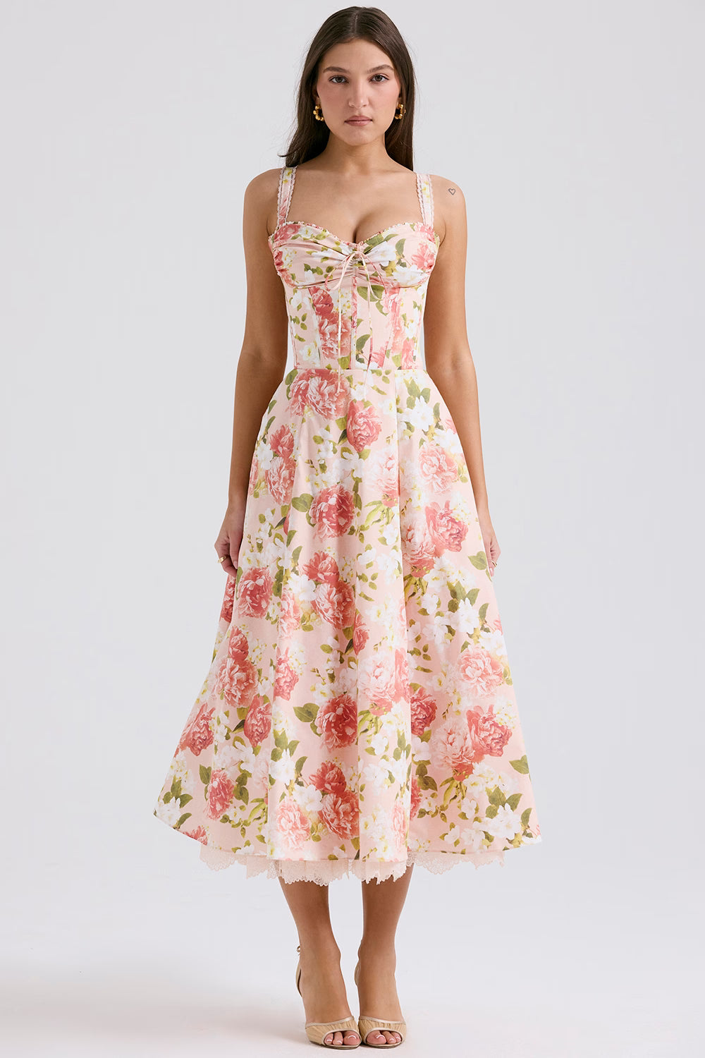 Floral Stretch Cotton Midi Dress Women UK – Wedding Guest Garden Party Evening Gown, Cocktail Attire