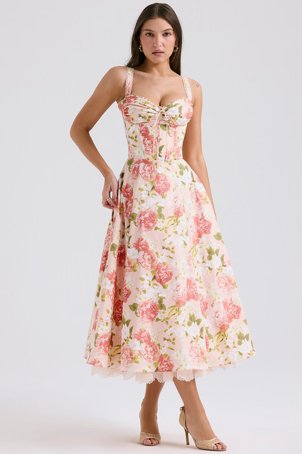 Floral Stretch Cotton Midi Dress Women UK – Wedding Guest Garden Party Evening Gown, Cocktail Attire