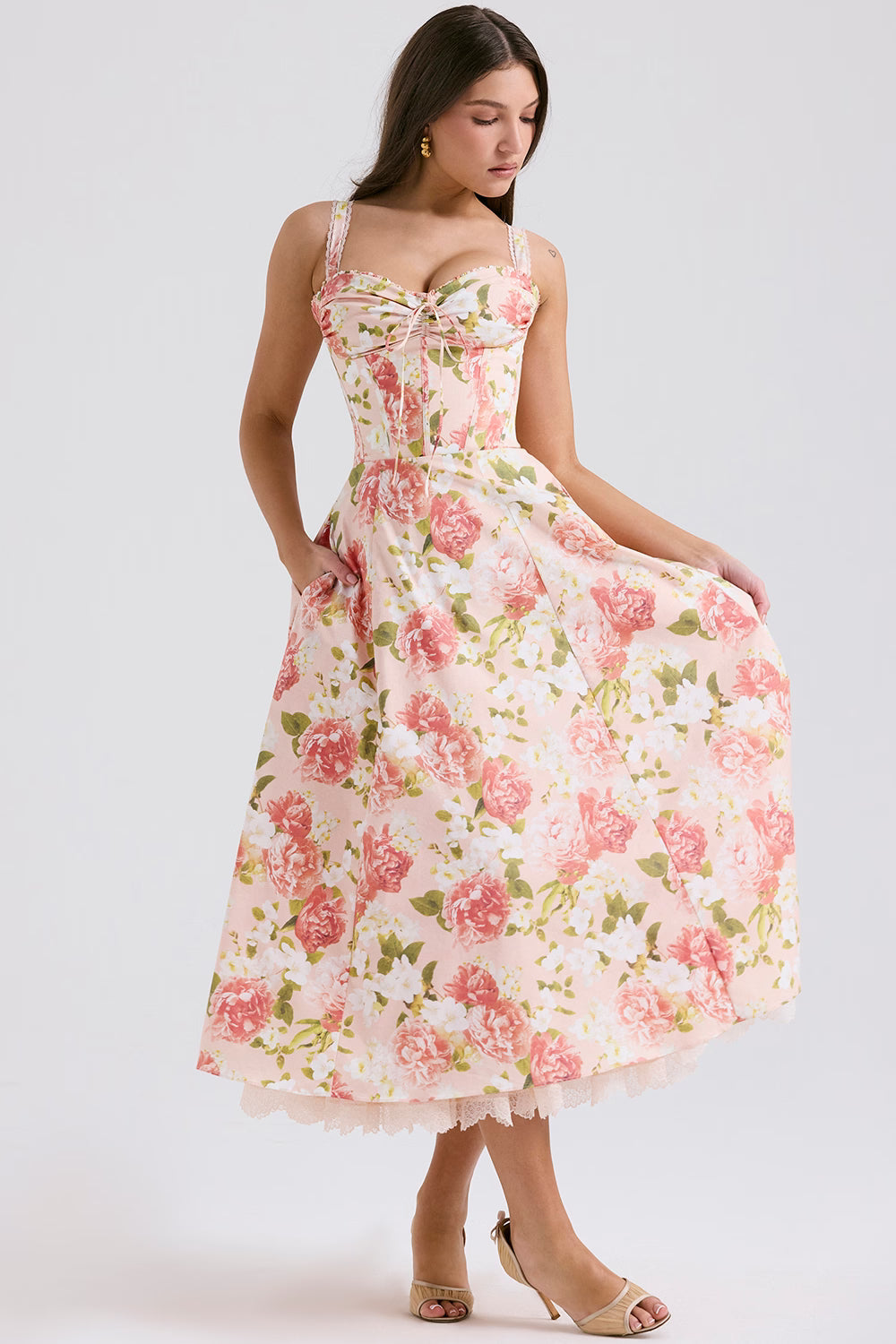 Floral Stretch Cotton Midi Dress Women UK – Wedding Guest Garden Party Evening Gown, Cocktail Attire