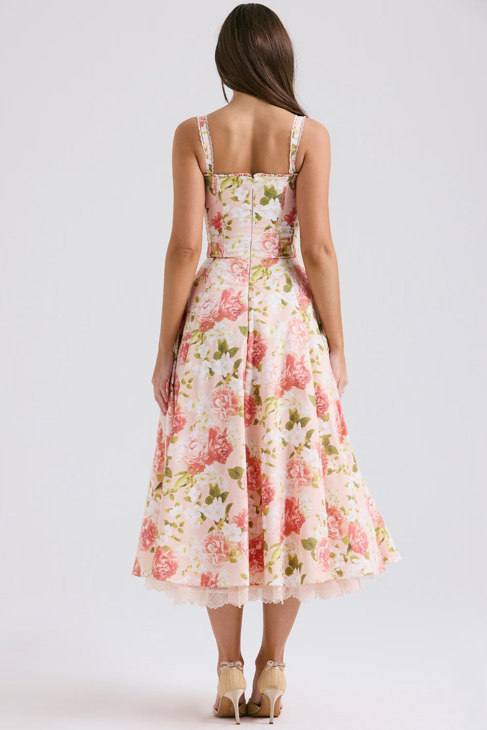 Floral Stretch Cotton Midi Dress Women UK – Wedding Guest Garden Party Evening Gown, Cocktail Attire