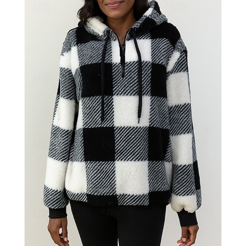 Cozy Checkered Quarter-Zip Hoodie for Casual Wear