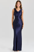 Deep Sapphire Satin Cowl Neck Maxi Dress for Formal Events and Special Occasions