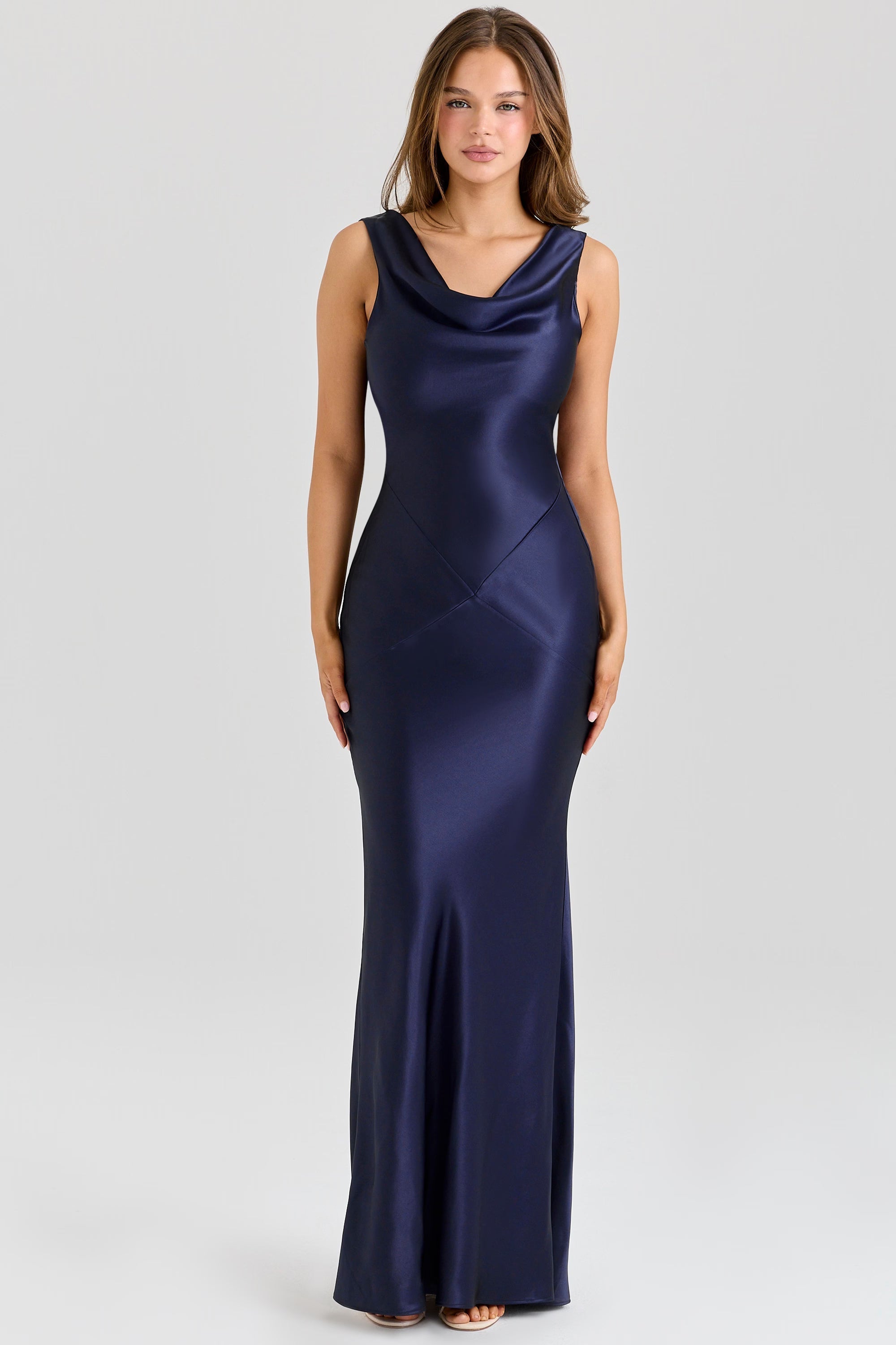 Deep Sapphire Satin Cowl Neck Maxi Dress for Formal Events and Special Occasions