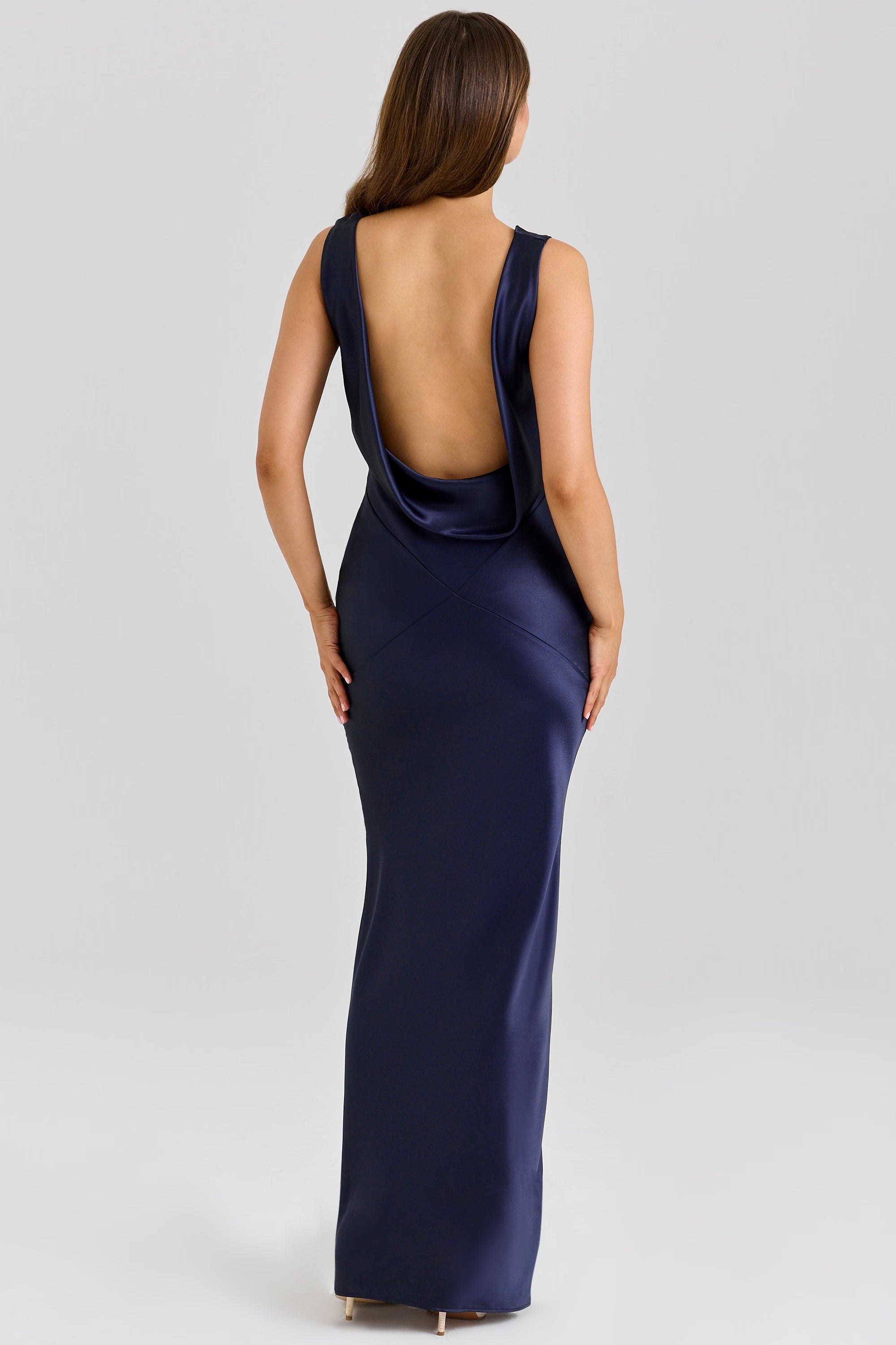 Deep Sapphire Satin Cowl Neck Maxi Dress for Formal Events and Special Occasions