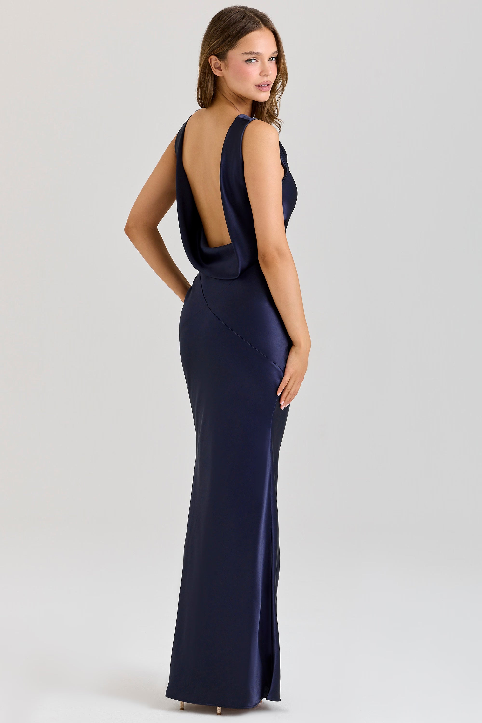 Deep Sapphire Satin Cowl Neck Maxi Dress for Formal Events and Special Occasions