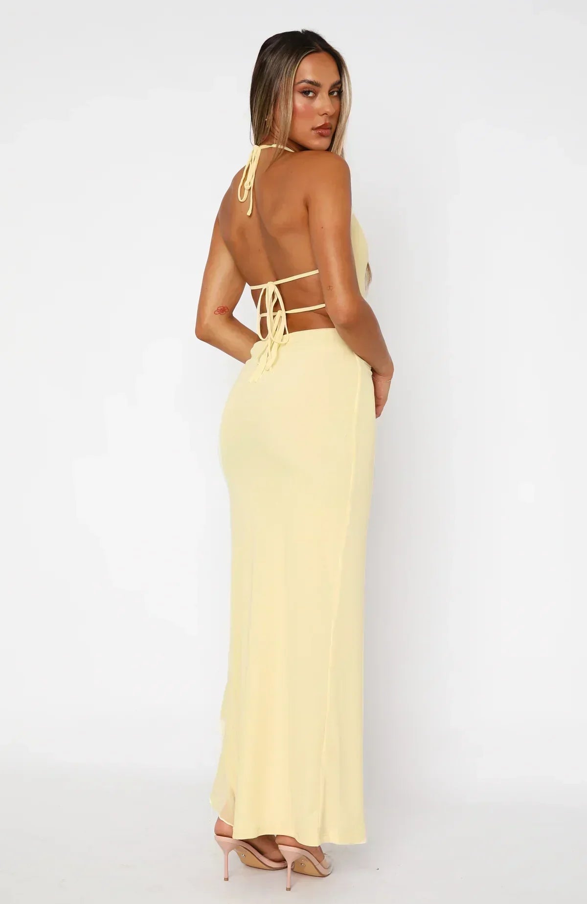 Plunge Neck Ruffled Maxi Dress with Thigh-High Slit for Evening Events