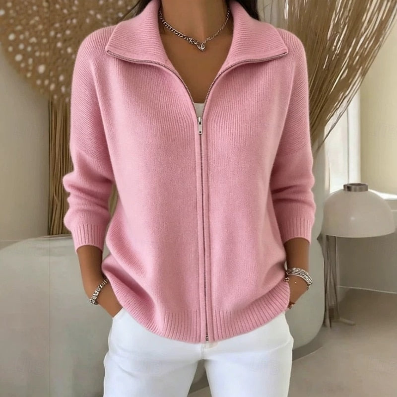 Stand Collar Zip Cardigan - Soft Knit - Women's Casual Outerwear