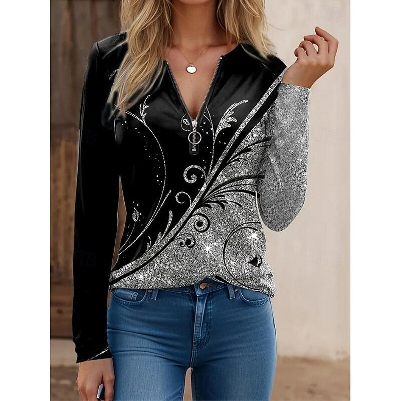 Floral Quarter-Zip Long Sleeve Top - Women's Casual Wear