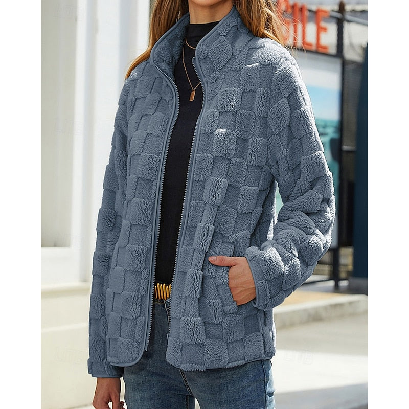 Textured Stand-Collar Zip Coat for Women - Stylish Outerwear for Casual Wear