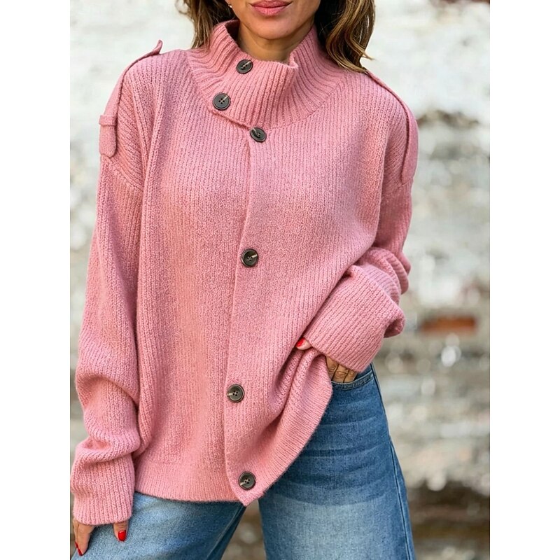 Buttoned Stand-Collar Cardigan for Women - Cozy Knit Layering Piece