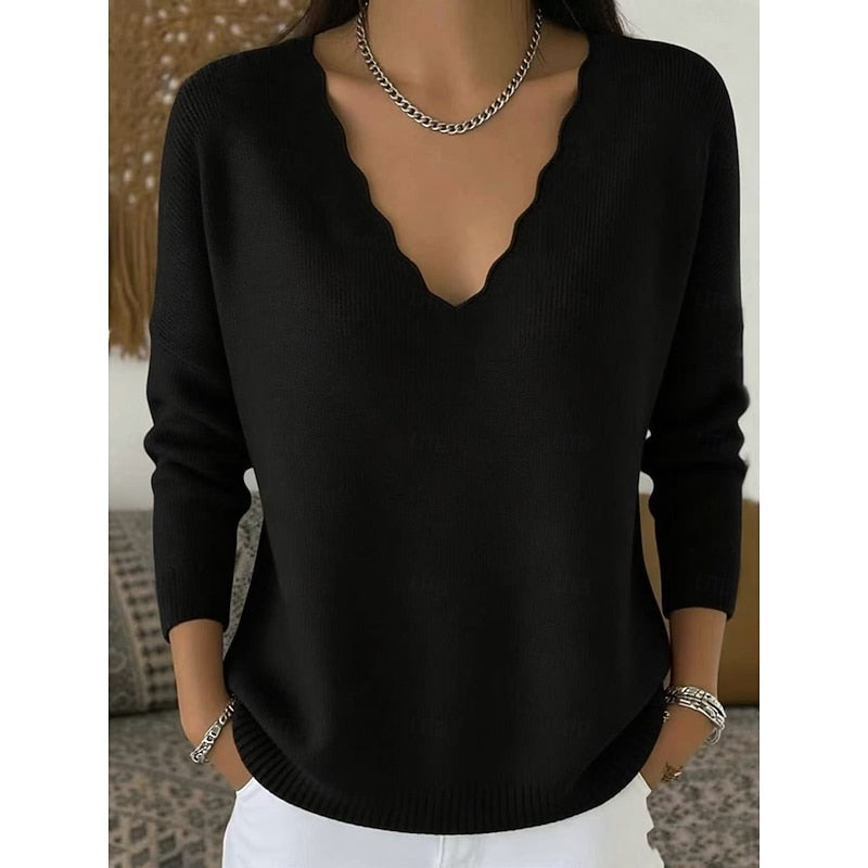 Scalloped V-Neck Halloween Pullover Sweater for Women, Cozy Casual Style