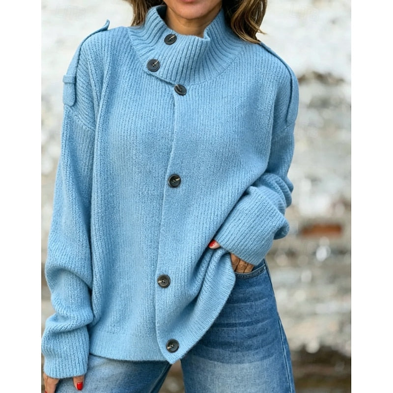 Buttoned Stand-Collar Cardigan for Women - Cozy Knit Layering Piece