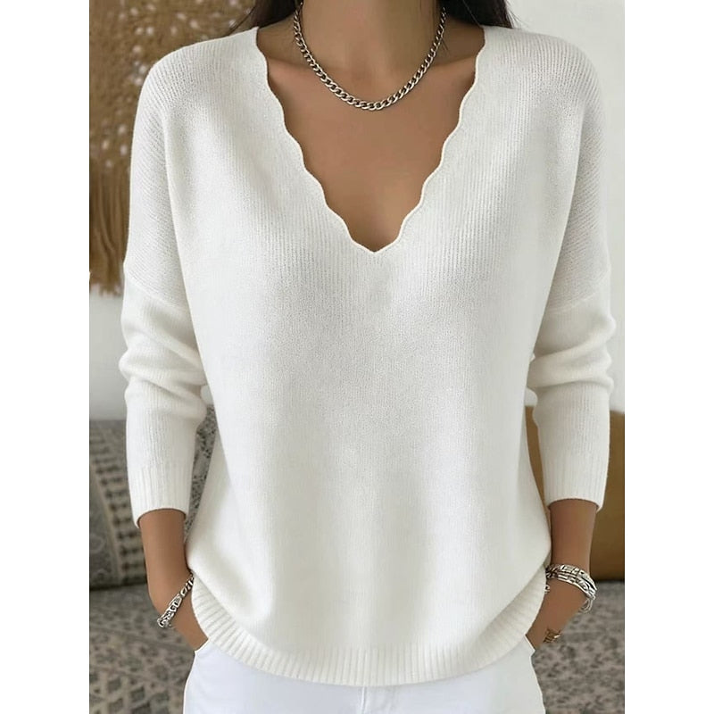 Scalloped V-Neck Halloween Pullover Sweater for Women, Cozy Casual Style