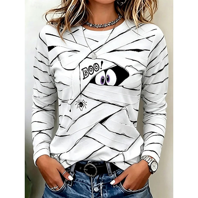 Halloween Print Long Sleeve Top for Women - Spooky Graphic Design