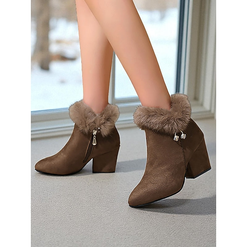 Fur-Trimmed Block Heel Ankle Boots for Women - Stylish Winter Footwear