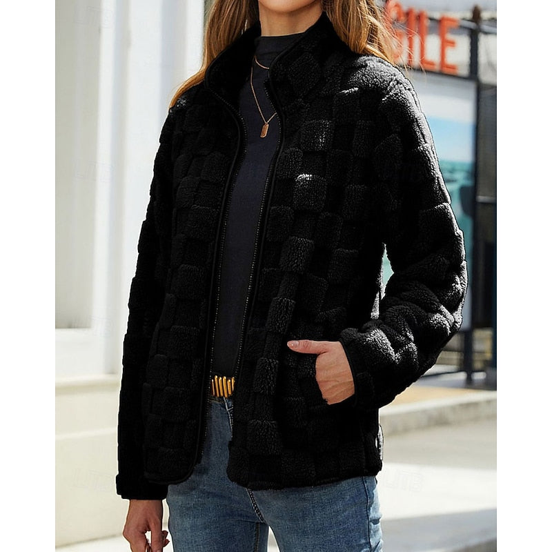 Textured Stand-Collar Zip Coat for Women - Stylish Outerwear for Casual Wear