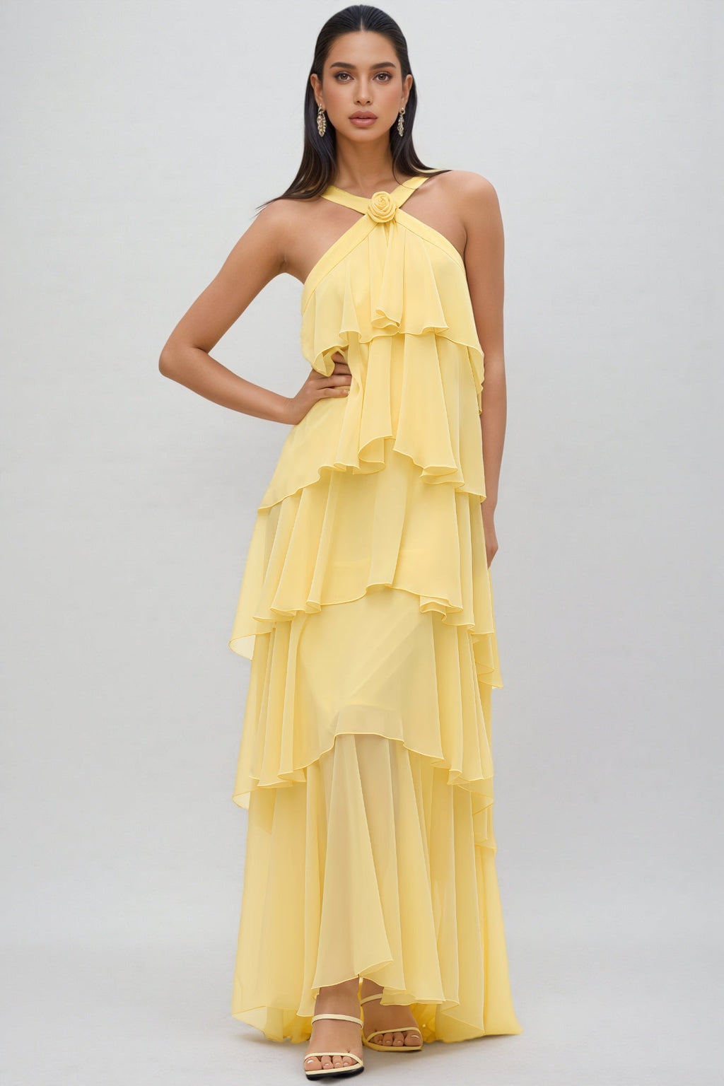 Butter-Yellow Chiffon Maxi Dress Women UK – Floral Rosette Garden Party Cocktail