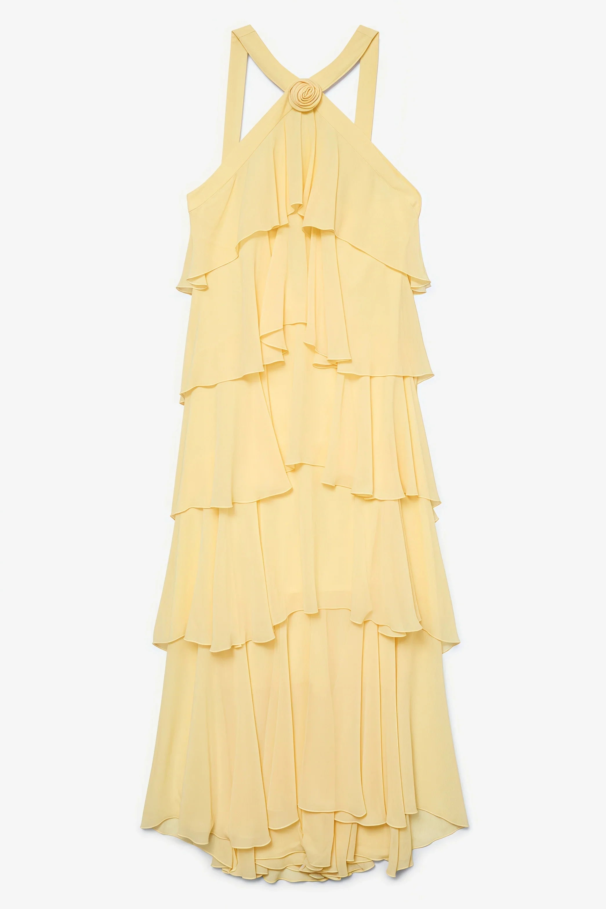 Butter-Yellow Chiffon Maxi Dress Women UK – Floral Rosette Garden Party Cocktail