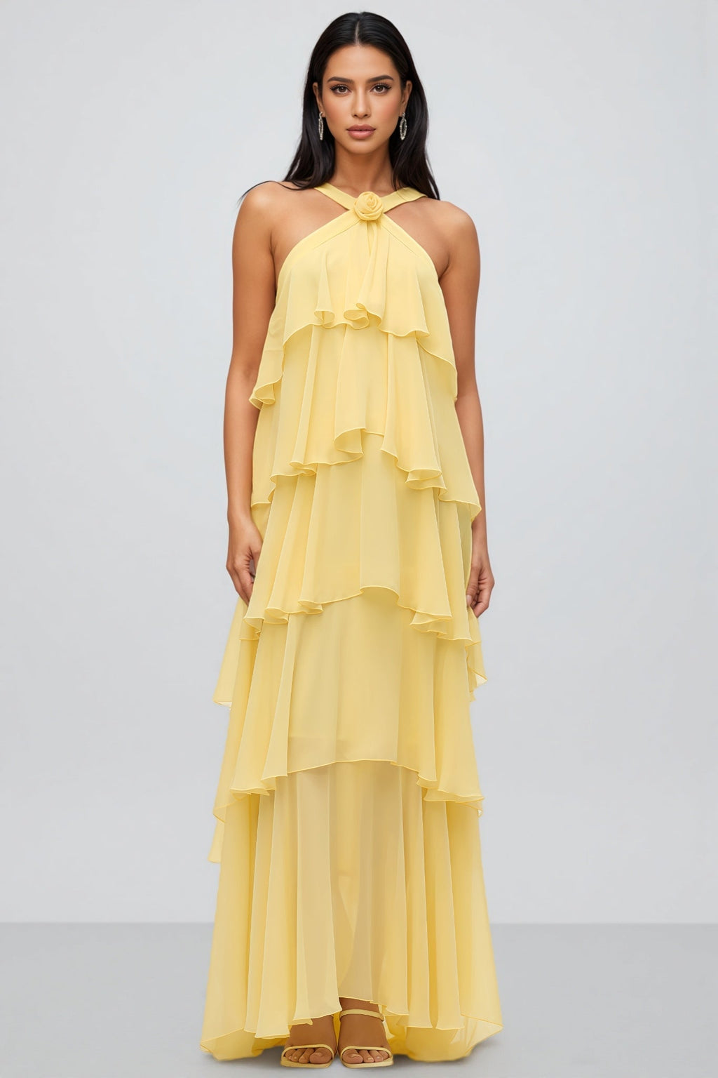 Butter-Yellow Chiffon Maxi Dress Women UK – Floral Rosette Garden Party Cocktail