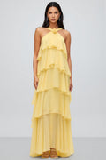 Butter-Yellow Chiffon Maxi Dress Women UK – Floral Rosette Garden Party Cocktail