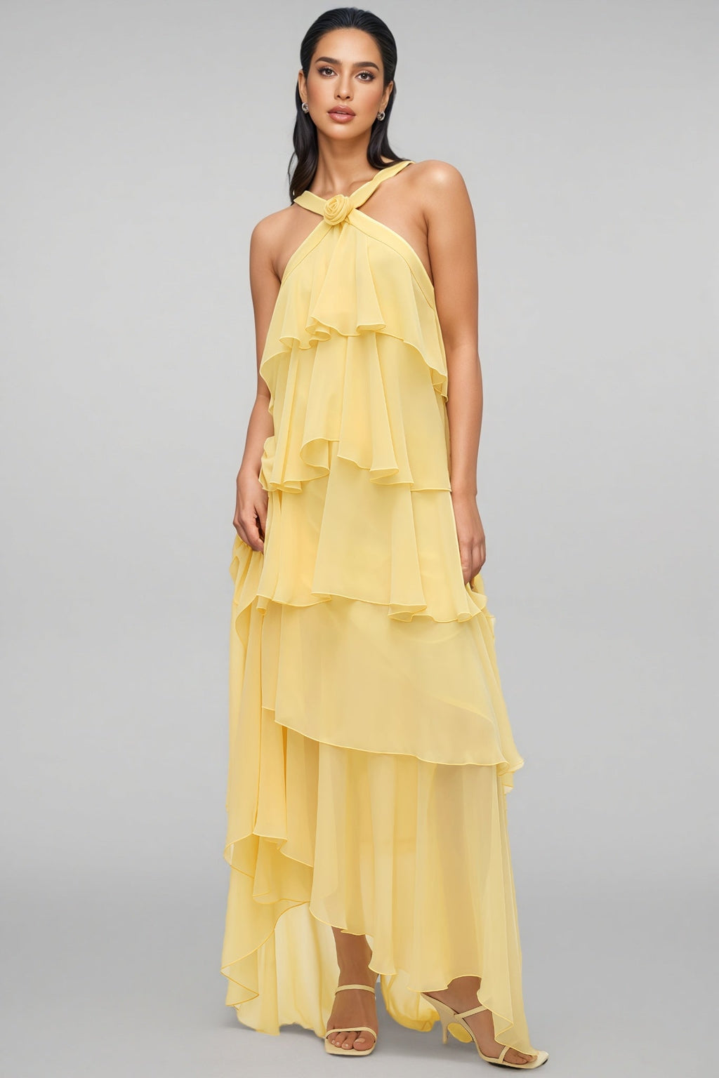 Butter-Yellow Chiffon Maxi Dress Women UK – Floral Rosette Garden Party Cocktail