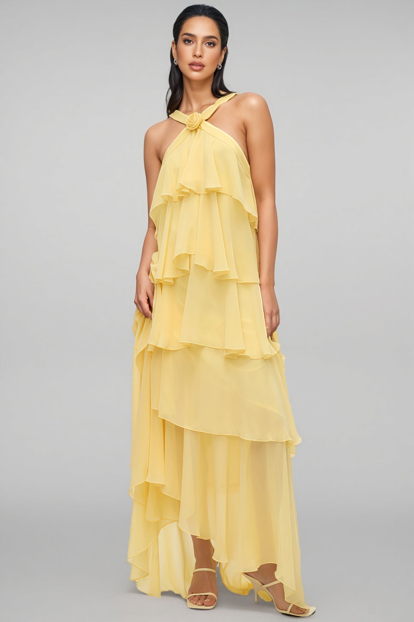 Butter-Yellow Chiffon Maxi Dress Women UK – Floral Rosette Garden Party Cocktail