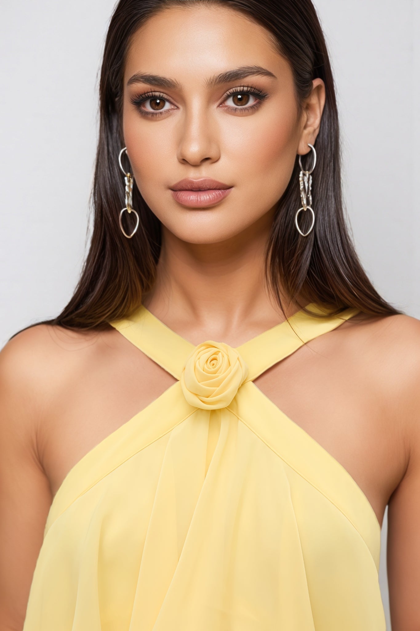 Butter-Yellow Chiffon Maxi Dress Women UK – Floral Rosette Garden Party Cocktail