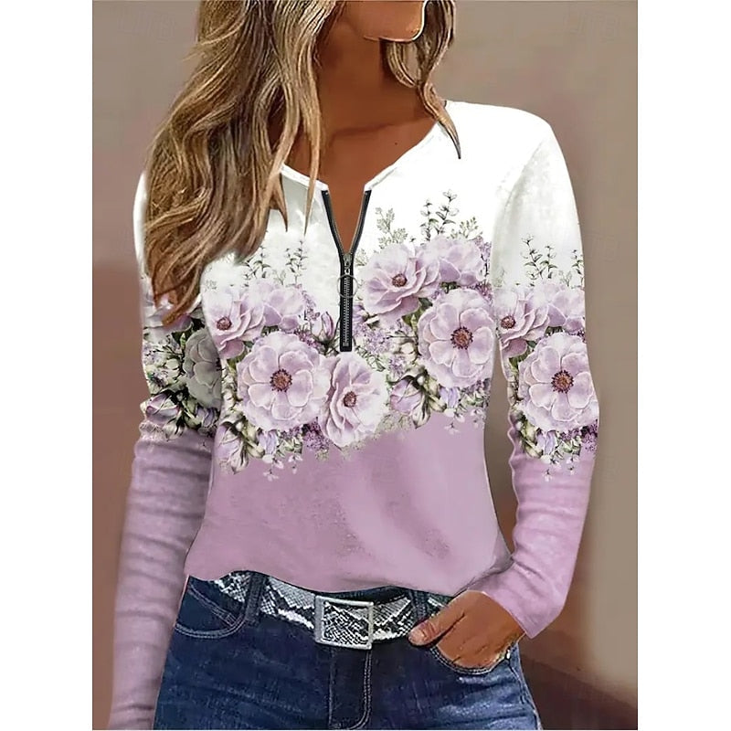 Floral Quarter-Zip Long Sleeve Top - Women's Casual Wear