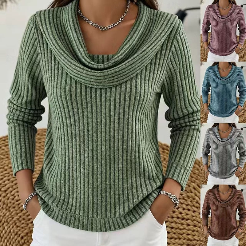 Cowl-Neck Ribbed Knit Top for Women - Casual Wear Sweater