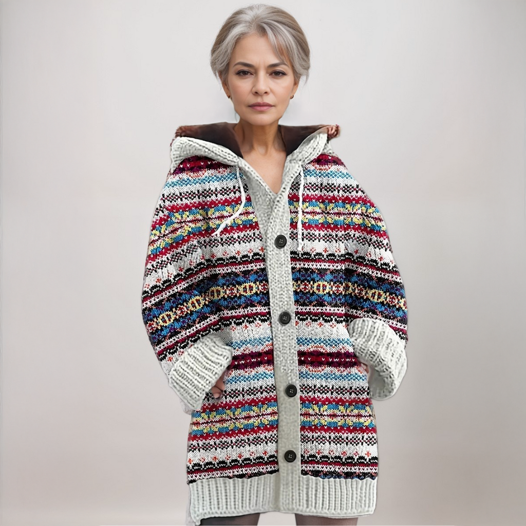 Fair Isle Knit Hooded Cardigan for Women - Cozy Winter Layering Sweater