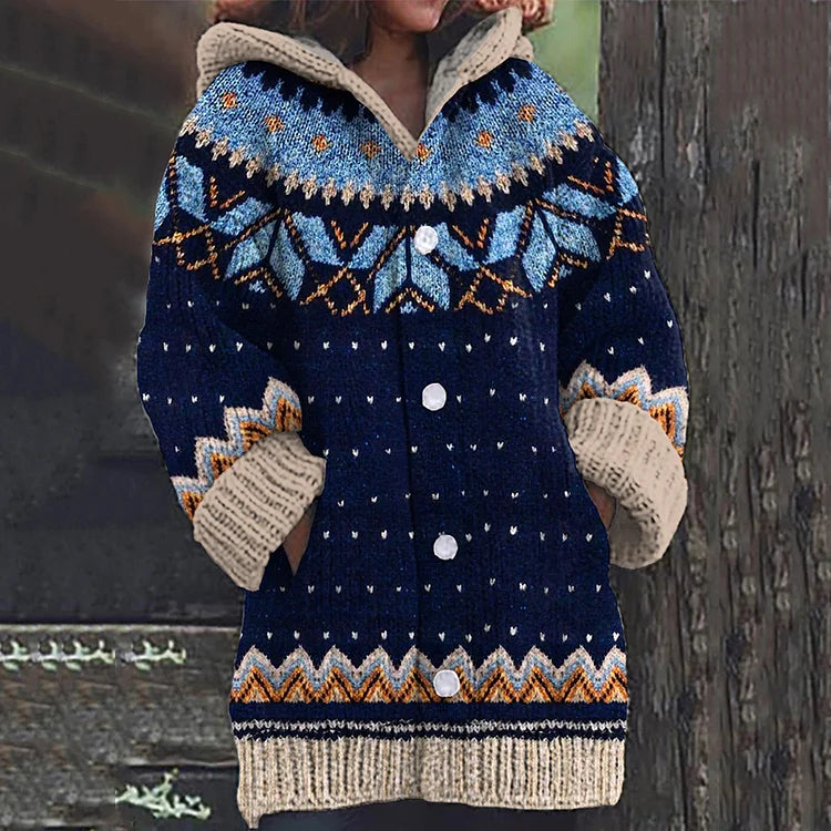 Fair Isle Knit Hooded Cardigan for Women - Cozy Winter Layering Sweater