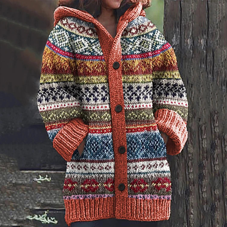 Fair Isle Knit Hooded Cardigan for Women - Cozy Winter Layering Sweater