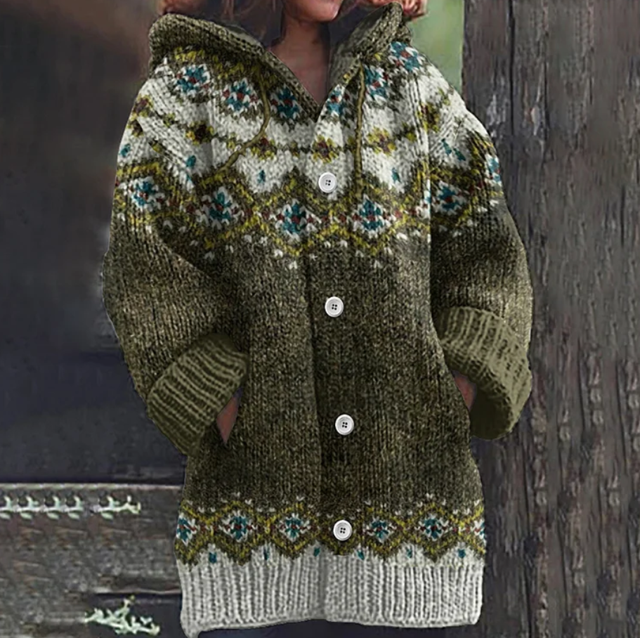 Fair Isle Knit Hooded Cardigan for Women - Cozy Winter Layering Sweater
