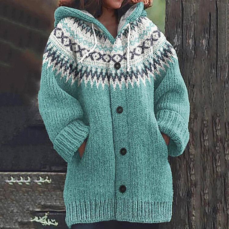 Fair Isle Knit Hooded Cardigan for Women - Cozy Winter Layering Sweater