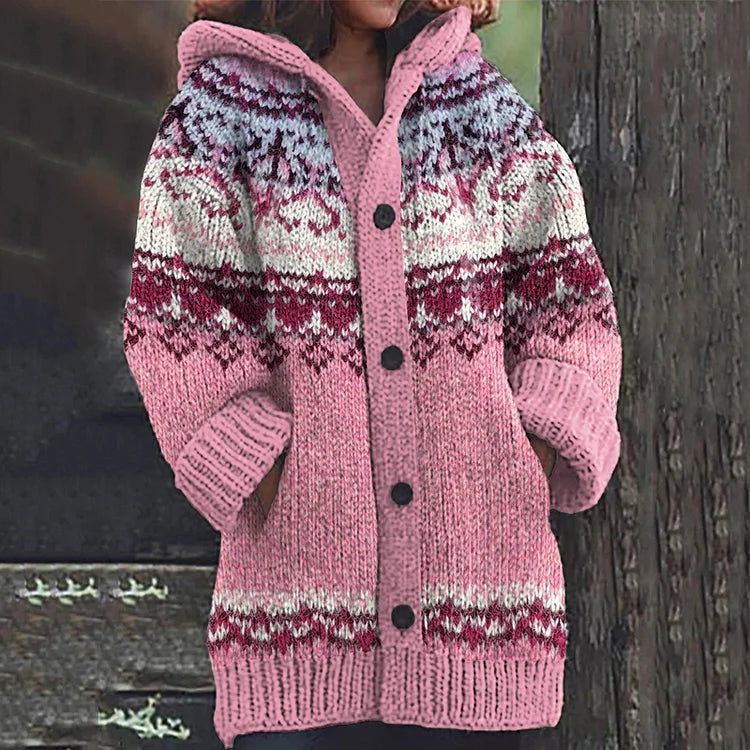 Fair Isle Knit Hooded Cardigan for Women - Cozy Winter Layering Sweater